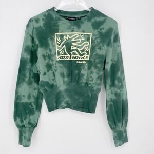 Keith Haring Sweatshirt Boho Festival Green Tie Dye Cropped Womens Size S Small